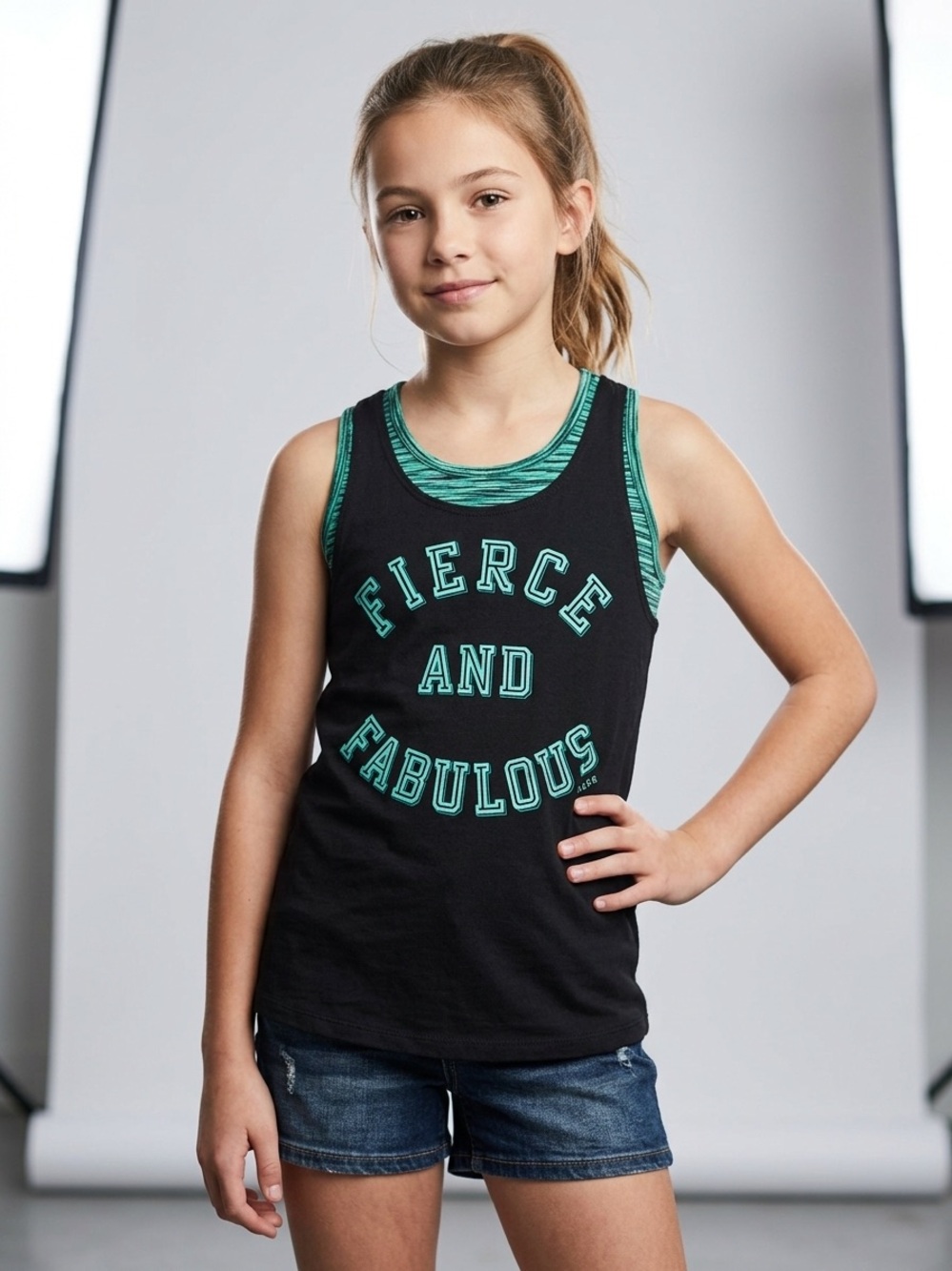 Justice Black Tank Top with Teal Accents - Fierce and Fabulous